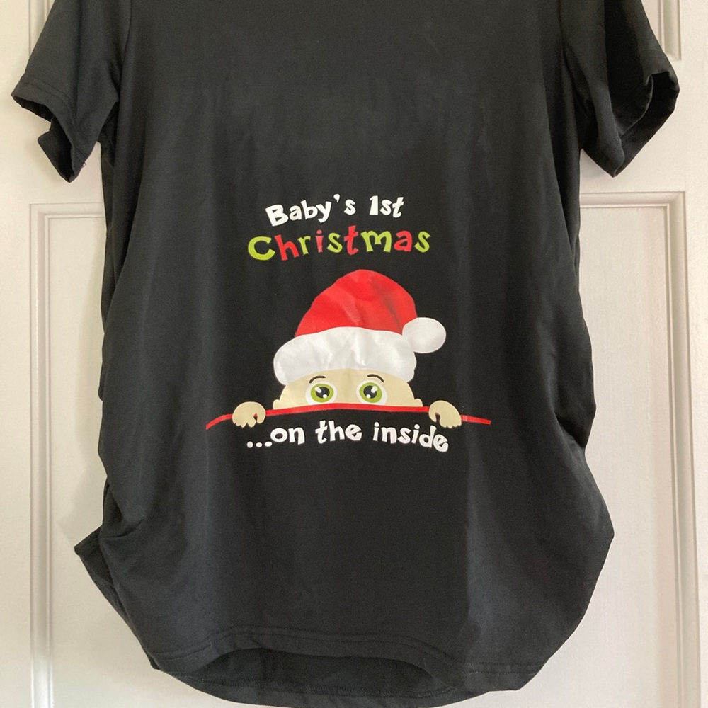 Maternity Christmas Shirt, size Small, “Baby’s First Christmas on the Inside”